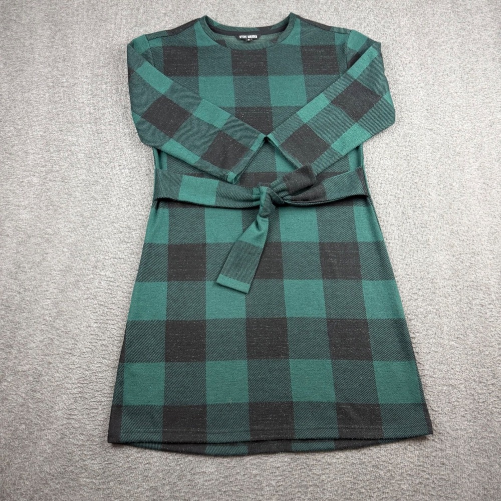 Steve Madden Green Black Buffalo Plaid Long Sleeve Tie Waist Mini Dress Small